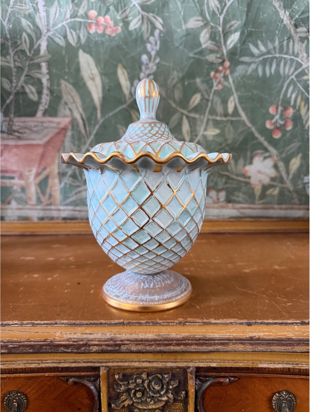 Vintage Stangl Pottery Covered Urn with Gold Accents